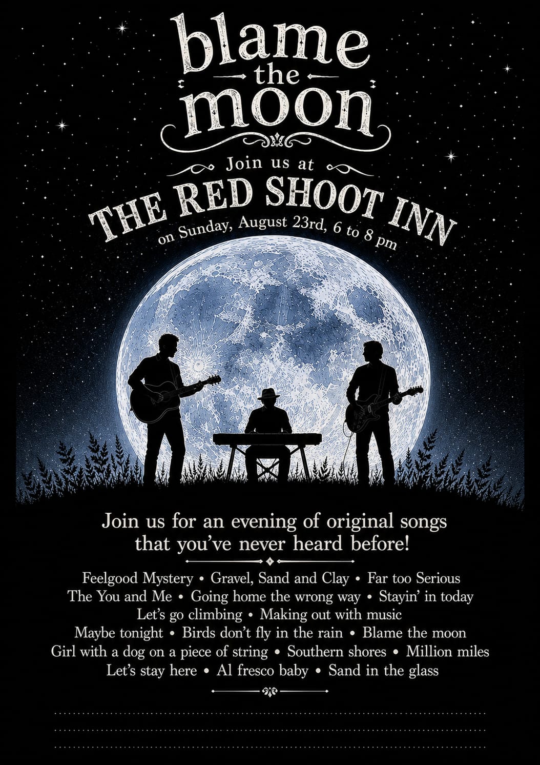 Blame the Moon gig flyer for The Red Shoot Inn on Sunday August 23, 6 to 8pm